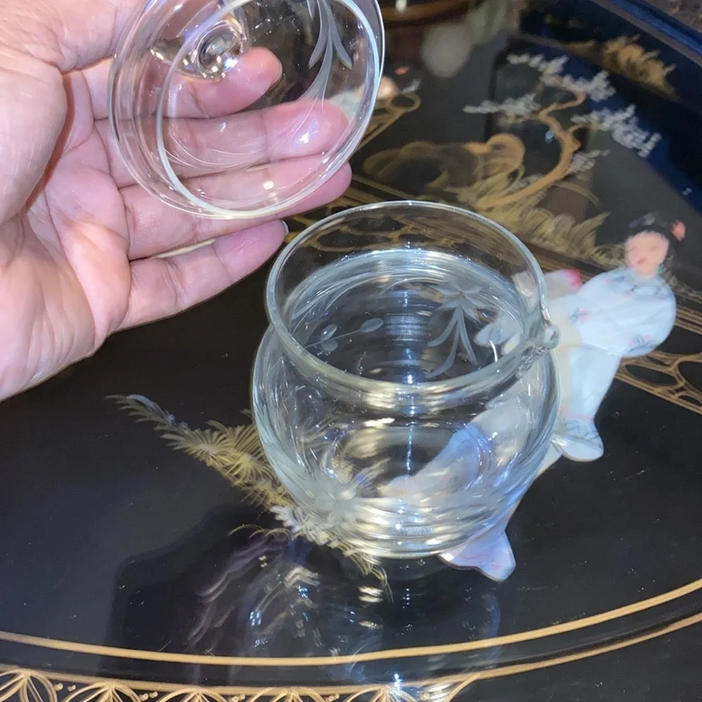 Beautiful Clear Glass Lidded creamer Jar with Frosted Floral Etching/Vintage
